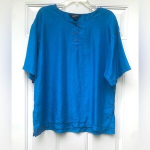 Options Melrose Women Size M Silk Blouse Short Sleeve Top Blue Office Work Shirt